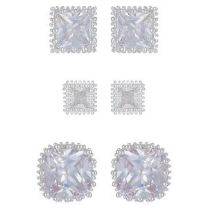 Silvertone & Cubic Zirconia 3-Pair Stud Earring Set